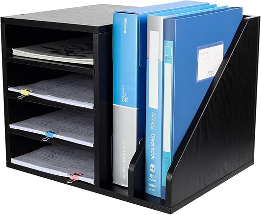 PAG Wood Desktop File Holder Organizer Mail Sorter for File Folders, Mails, Envelopes, Mailing Supplies or Magazines, Black