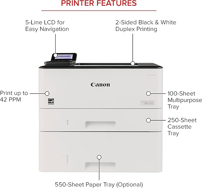 Canon imageCLASS LBP246dw - Monochrome Duplex, Wireless Laser Printer, Single Function, Mobile Ready, with 1 Year Limited Warranty, 42 PPM, White