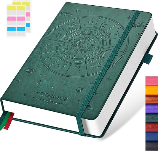 Hardcover Notebook Journal, A5 Lined Daily Journal College Ruled Notebook for Women Men, 320 Pages Thick Writing Journal Notebook for School Work, Dark Green Leather Notebook, 5.7'' X 8.4''