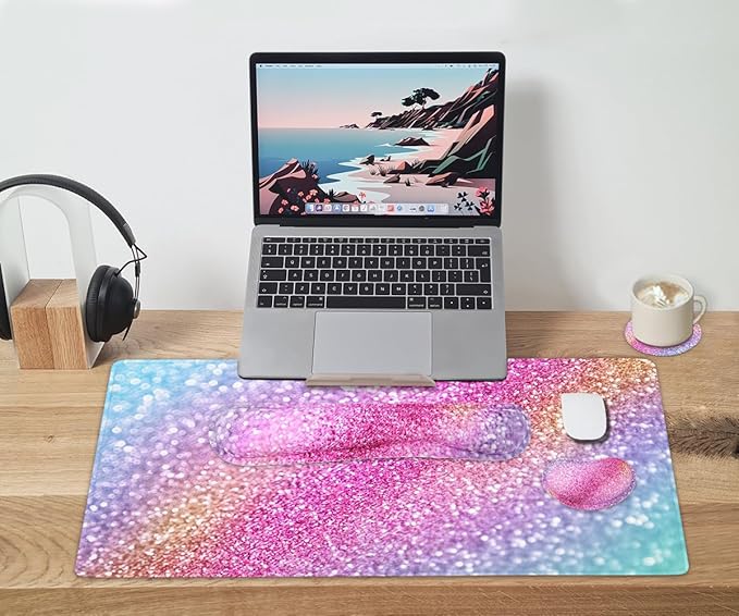 Large Keyboard Mouse Pad Set, Extended Mouse Pad+Keyboard Wrist Rest Support, Memory Foam Ergonomic Easy Typing, 4Pcs (35.4×15.9 in) Desk Pad Set for Home Office Study Game - Colorful