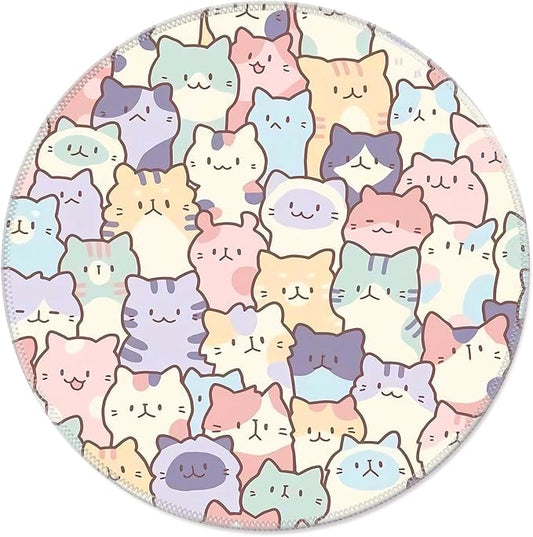 Round Cute Cat Mouse Pad, Small Kawaii Funny Cat Design Mousepad, Laptop Computer Office and Gaming Desk Mat for Girl, 7.9x7.9x0.12in(02-Cat)