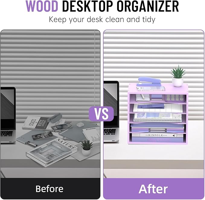 5-Tier Wood Desk Organizer, Paper Tray Organizer for Desk with Adjustable Storage Shelves, Desktop Paper Sorter Mail Holder for Office Home Classroom, Purple
