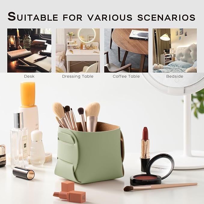 HOMIEAZICOZI 2-Pack Cork Leather Desk Accessories Storage - Pencil Pen Holder - Makeup Brush Holder Organizer - Stylish Addition to Home Decor (Light Green)