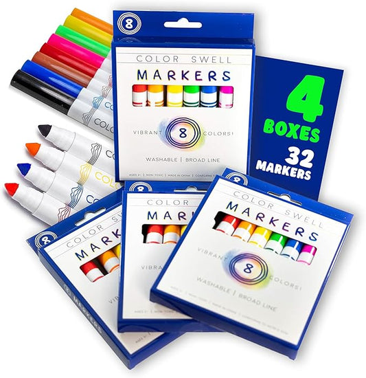 Color Swell Washable Markers Bulk 4 Pack of 8 Vibrant Colors Each for Kids, Adults, Teachers, Parties, and Families