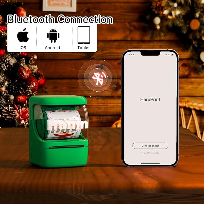 NEW1 Label Printer +4 Rolls Labels, 2 Inch Portable Inkless Bluetooth Label Maker for Small Business Home School, Automatic Label Recognition, Sticker Printer for Address Logo Barcode Clothing (Green)