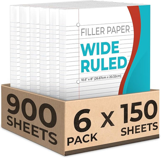 Rosmonde Loose Leaf Paper, 900 Sheets, 6 Pack, Wide Ruled, 8" x 10.5", 56 gsm Bulk Office Filler Sheets, 3 Hole Punched, 150 Sheets/Pack, Wide Ruled for 3 Ring Binder, Notebook Paper, White