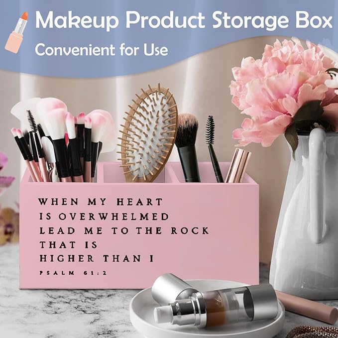 SNNDER Inspirational Christian Pen Holder for Desk, Christian Religious Gifts for Women Men, Psalm 61:2 Bible Verses Wooden Pen Pencil Holder Organizer for Home Office Desk Accessories(PINK)