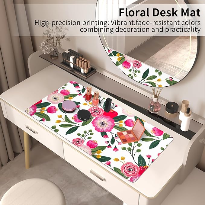 Bloss Pink Floral Desks Mat,31.5x15.7In Large Mouse Pad Cute,Anti-Slip Leather Computer Desk Pad for Keyboard and Mouse,Pink Computer Keyboard Pad Mat,Laptop Desks Protector Mat for Office/Home/Women