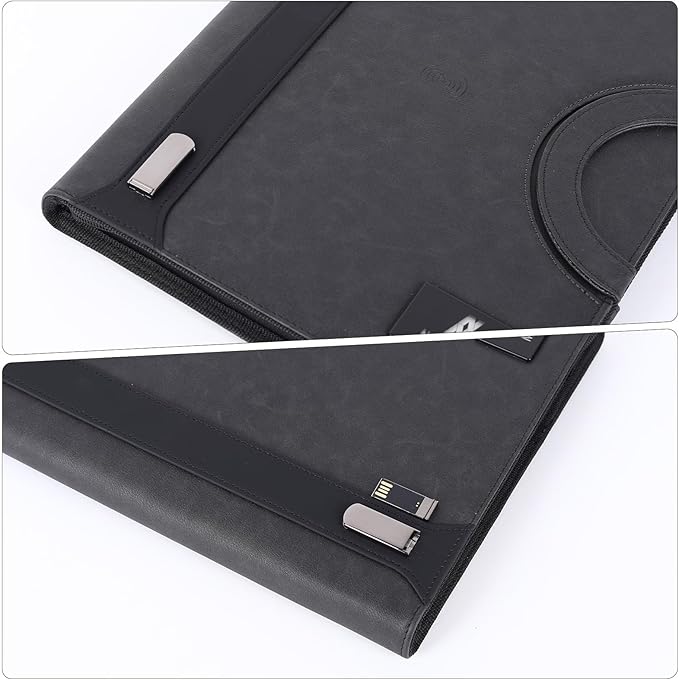 Premium Leather Padfolio with Zipper,Business Folder,Smartest Protective 10.1 Inch Tablet Sleeve,8000mAh Power Bank,Wired Charging,Presentation Slot,Solar Calculator, Card Storage, Writing Pad