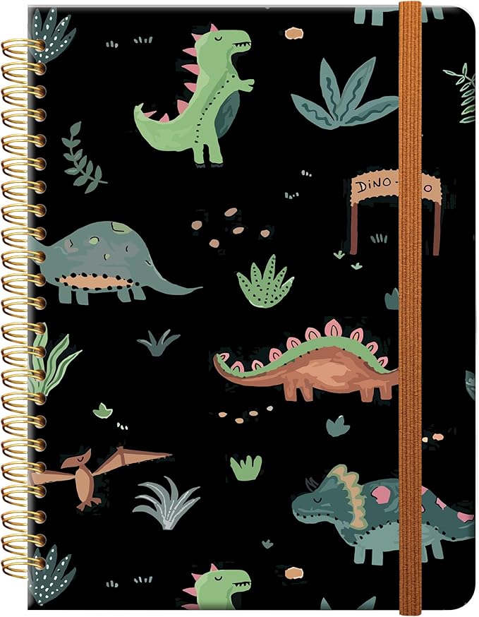 Ruled Spiral Writing Notebook,A5 Hardcover Lined College Journal for Women,Strong Twin-Wire Binding with Premium Paper,8.4" X 6",Perfect for School,Office,Home(Cute Dinosaurs)