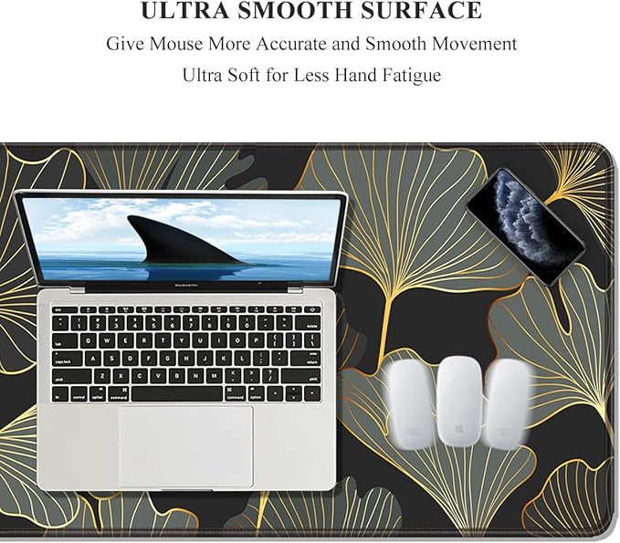 Auhoahsil Desk Pad, XL Extended Large Gaming Mouse Pad 31.5 x 11.8 Inch, Waterproof Mousepad with Stitched Edge, Non-Slip Computer Keyboard Laptop Mat for Women Men Office Work, Colorful Ginkgo Leaves