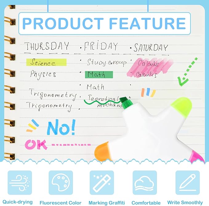 10 PCS Star Highlighters Bulk 5-in-1 Colorful Watercolor Highlighter Pens Assorted Colors Creative Star Shape Fluorescent Pens for School Office Travel Aesthetic Stationery Supplies