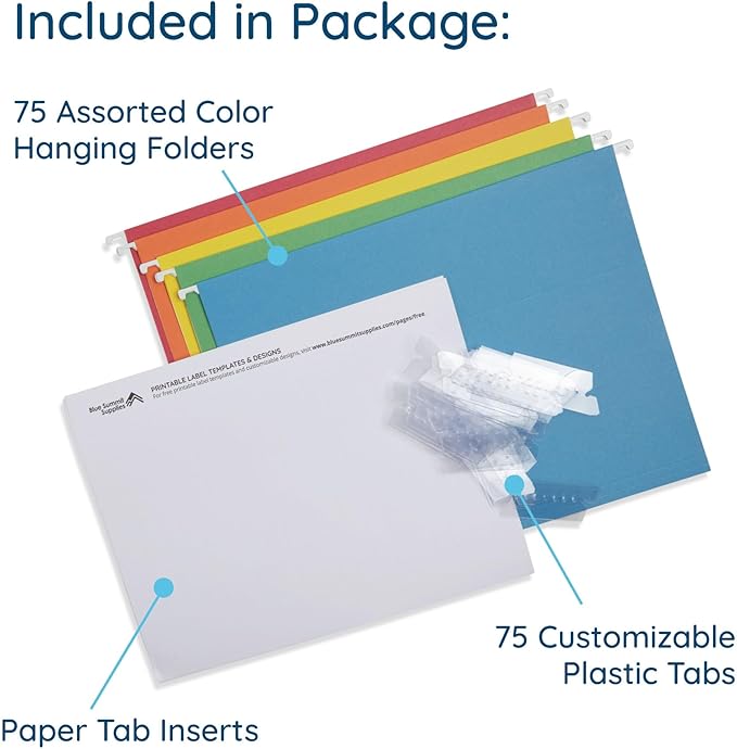 Blue Summit 75 Pack Colored Hanging File Folders Letter Size No Expansion, Colored Hanging File Folders Bulk, Assorted Colors, Designed for Bulky Files, Medical Charts, 1/5 Tabs