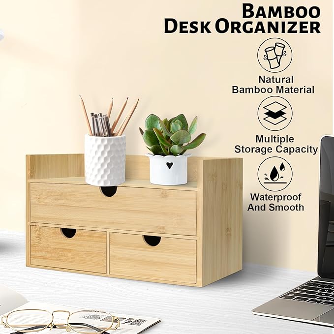 Bamboo Desk Organizer, Desktop Organizer with 3 Drawer, Tabletop Storage Organization Box for Bills, Countertop, Home Office Supplies