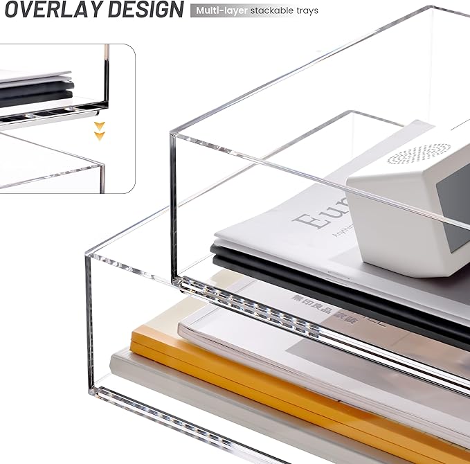 Enlarged Letter Paper Tray - Clear Acrylic Desk Organizers for Document Organization and File Storage - Stackable Office Accessories - 2 Pack (Large Tray V)