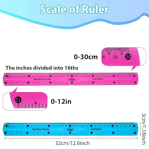 Vin Beauty 2 Pcs Flexible Ruler 30cm/12in Bendable Scale Ruler Plastic Clear Straight Edge Ruler Soft Shatterproof Ruler for Kids Students School Classroom Adults Office Stationary (Pink, Blue)