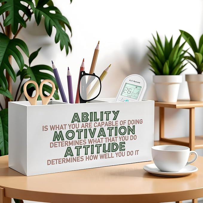Motivational Office Pencil Pen Holder for Desk, Ability Motivation Attitude Wooden Pencil Holder Organizer for Home Office Desk Accessories, Encouragement Gifts for Women