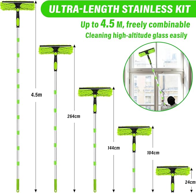 RIZENCE 4.5M/14.7ft Window Cleaning Squeegee Tools, 3-in-1 Window Washing Kit with 10 Extension Pole, 2 Microfiber Cloth Brush & Squeegee, Telescopic Window Cleaner Tool for High Window, Car Glass