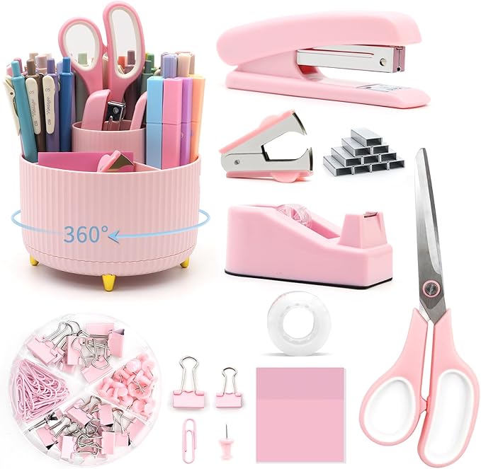 Pink Desk Accessories, Rotating Pen Holder Set,Pink Office Supplies with Stapler and Tape Dispenser Set, Gifts for Office Clerks,Student