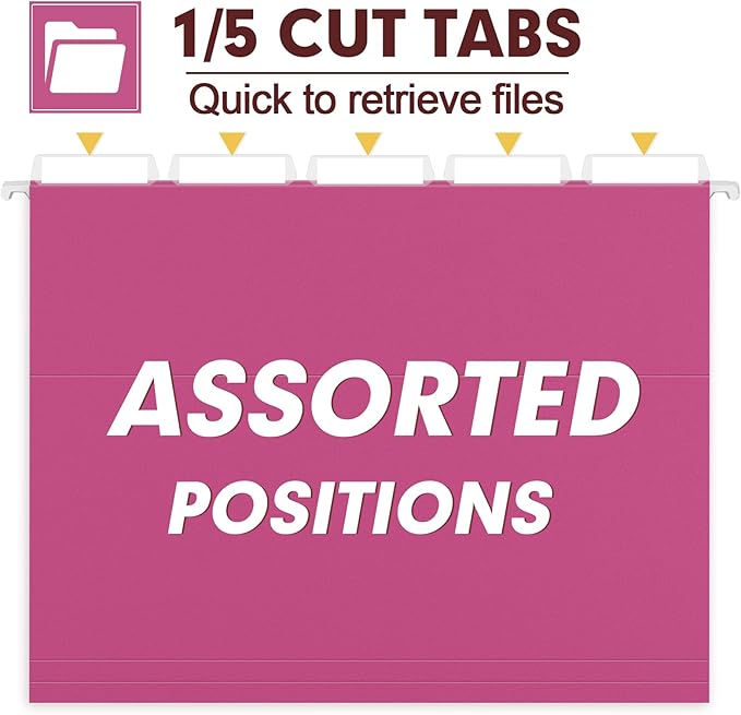 HERKKA Hanging File Folders, 30 Pack Reinforced Letter Size Hanging Folders, Designed for Bulky Files, Filing Cabinet, 1/5-Cut Adjustable Tabs (Pink)