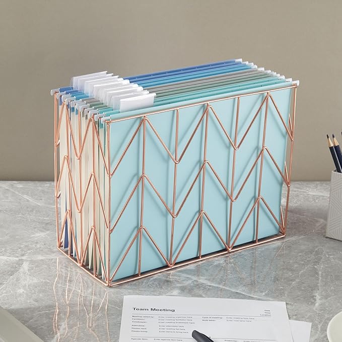 1 Pack Rose Gold Hanging Folder Desk Organizer Decorative Organizer Metal Wire Baskets Suitable for Hanging file folder Design for Home Offices Supplies, 9.4 X 11.8 Inch