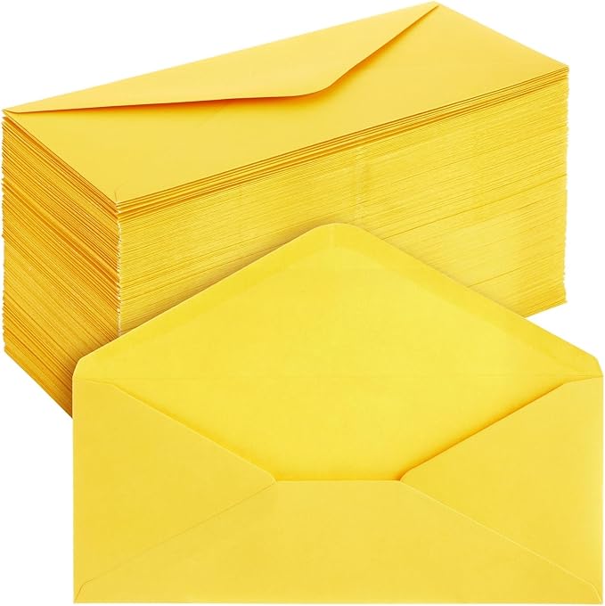 Business Envelopes - 200 Pack 10 Yellow Envelopes, Gummed Seal, 9.5 x 4.13 in - Colored Mailers for Invitations & Business Mailing - Bulk Stationery for Checks & Greeting Cards
