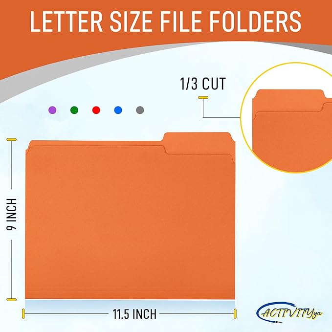 Orange File Folders, 1/3-Cut Tabs, Letter Size, 12-Pack – Durable Office Filing Folders for Documents, Papers, and Organization