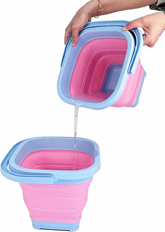 SAMMART Collapsible Rectangular Cleaning Bucket 5L (1.3 Gallon)- Foldable Camping Beach Sand Water Pot Pail- Portable Space Saving Tub for Household, Outdoor Washing (Cool Blue/Maglia Rosa (Set of 2))