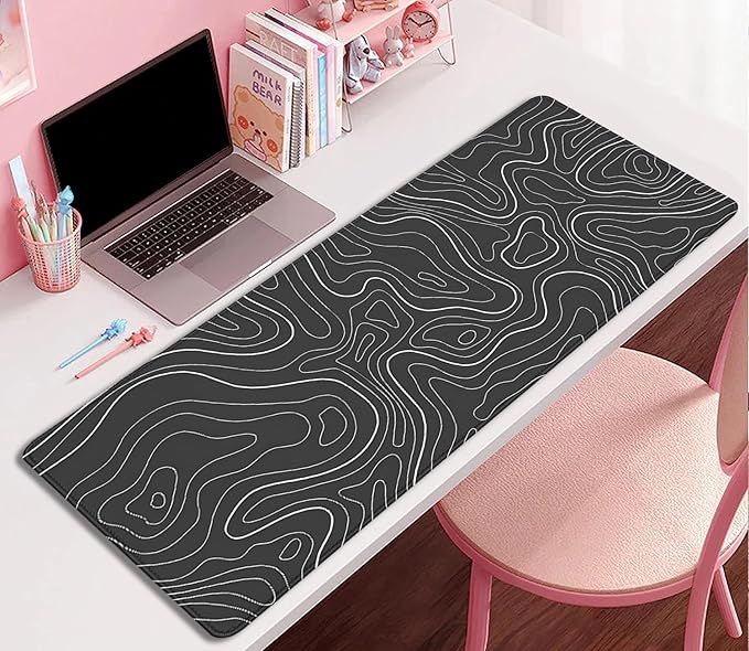 Black Topographic Mouse Pad,Gaming Desk Pad with Stitched Edges Non-Slip Rubber Base Extended XL Mousepad Big Desk Mat for Office Home Work(27.5X11.8 Inch)
