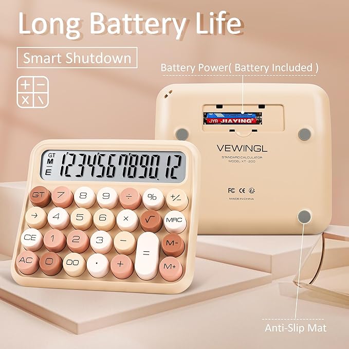 VEWINGL Mechanical Switch Calculator, 12 Digit Large LCD Display and Buttons, Great for Everyday Life and Basic Office Work, with Battery