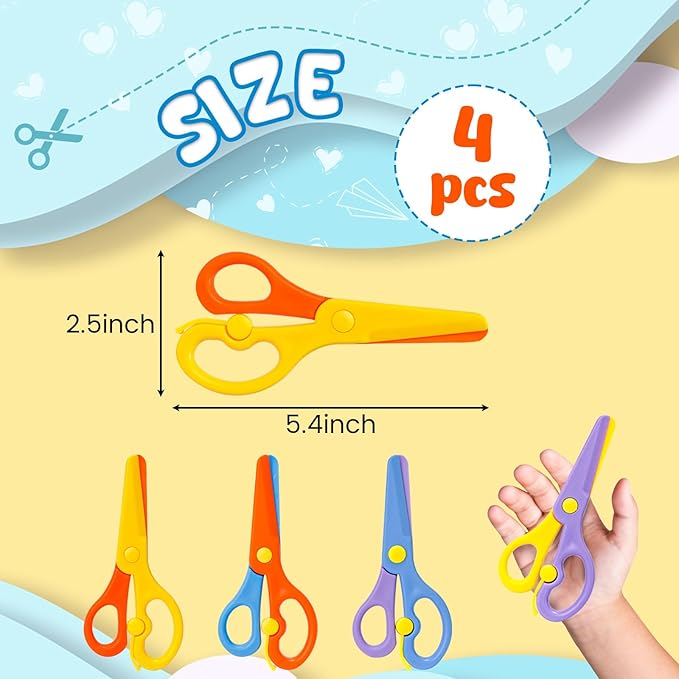LovesTown Kids Safety Scissors for School, 4PCS Adaptive Blunt Tip Training Scissor for Kids Children, Anti-Pinch Design, Child Hand-Eye Coordination Development, Playdough Tool Paper Cutting Activity