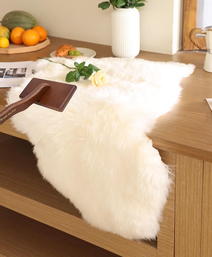 WaySoft Sheepskin Rug Brush with Premium Natural Beech Wood Handle, Restores Softness & Fluff, Gently Removes Dirt, Ideal for Sheepskin Rug Care, Includes Hanging Leather Strap for Easy Storage