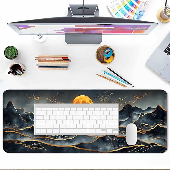 Gold Mountain and Moon Gaming Mouse Pad, Extended Large Abstract Minimalist Desk Mat, Computer Keyboard Laptop Mousepad for Work, Office and Home, XL, Black