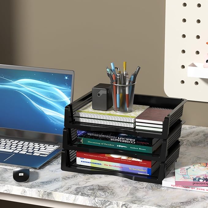 Set of 6 Plastic Letter Trays Stackable, Plastic Stackable A4 Paper Tray, Desktop File Organizer, Black