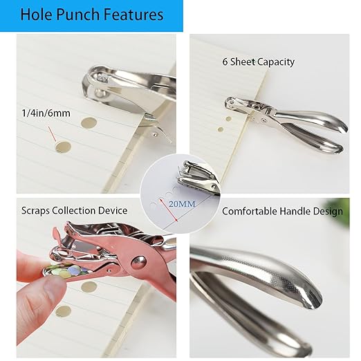 2 PCS Hole Punch 1/4inch Single Hole Punch with 20 Pcs Binder Rings,Small One Hole Paper Punch for DIY Crafts,Flash Cards,Gift Tags,Tickets,Hole Puncher Single for Home,Office,School