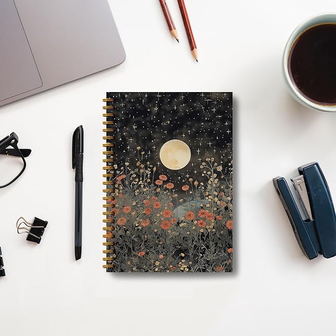 Guymn Vintage Witchy Moon Notebook, Dark Cottagecore Wildflower Floral Journal, Gothic Floral Full Moon Hardcover Spiral Notebooks 5.5x8.3 Inch