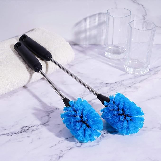 MOSOLAN Stainless Steel Bottle Brush with Replaceable Head, Long Handle Scrub Brush for Water Bottles, Glasswares, Mugs, Flasks, Tumblers, Vases, and Kitchen Sink, 2 Pack, 13 in - 15 in