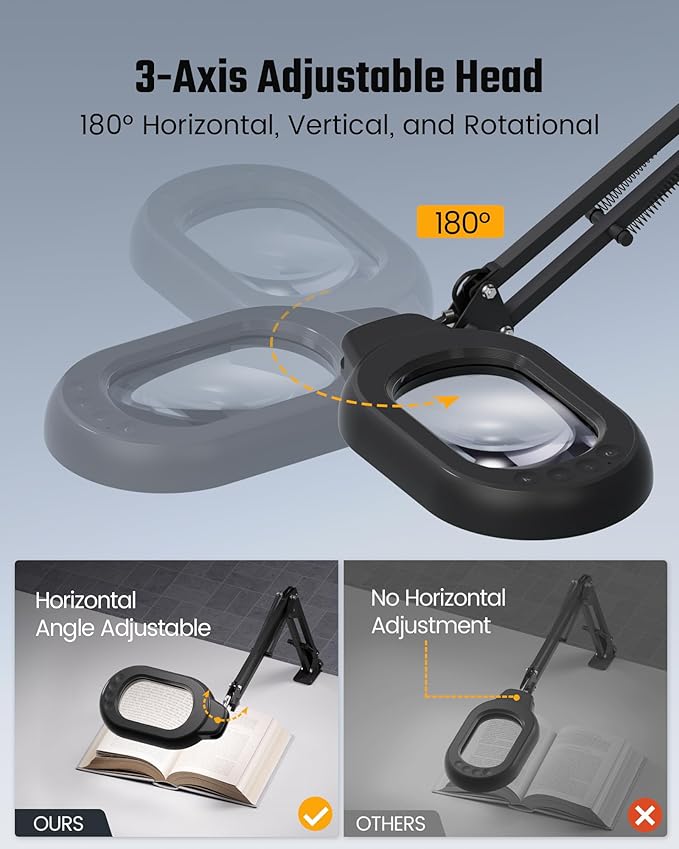 Magnifying Desk Lamp, 10X Square Magnifying Glass with Light and Stand, Dimmable LED Magnifier Lamp with Clamp and Base, Adjustable Swing Arm Light for Close Work, Reading, Crafting, Black