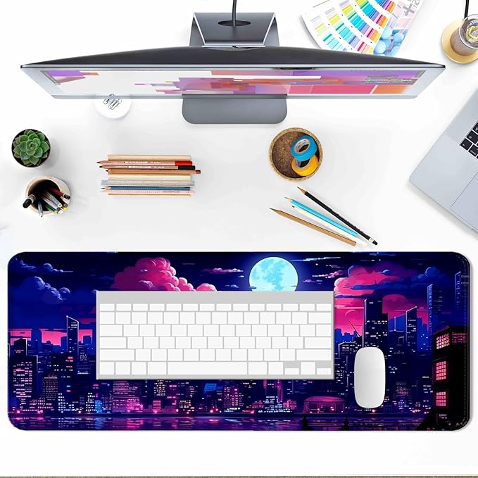 Purple City Night View Gaming Desk Mat, Extended Large Fantasy Anime Aesthetic Mouse Pad, Computer Keyboard Laptop Mousepad for Work, Office and Home, XL
