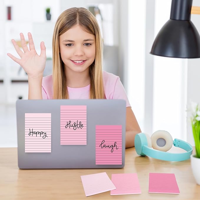 12Pcs Pink Lined Sticky Notes 6 Colors Gradient Pink Self-Adhesive Notepads Removable Memo Pad for Office School Home Supplies, 4 x 6 Inch
