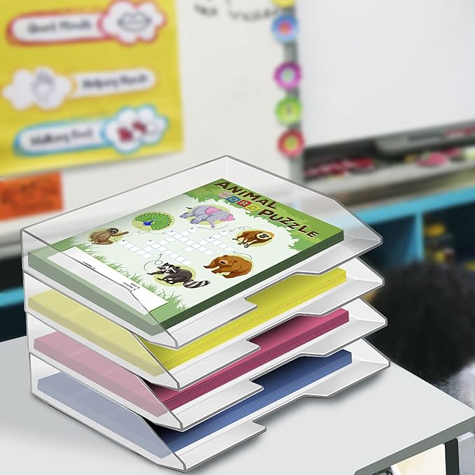 Acrimet Stackable Letter Tray 4 Tier Side Load, Plastic, Desktop File Organizer (Clear Crystal Color)