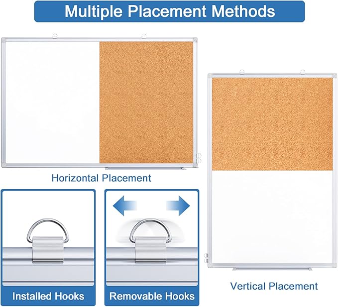Magnetic White Board and Cork Board Combo, 36 X 24 inches Whiteboard Bulletin Combination Board, Wall Mounted Dry Erase Message Board for Home, School and Office