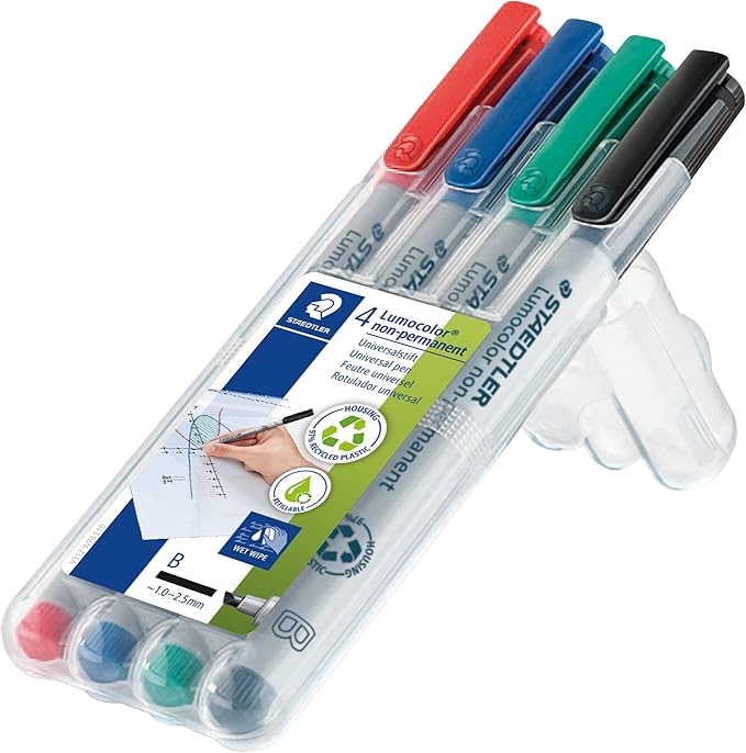 STAEDTLER Lumograph Non-Permanent Wet Erase Marker Pen: 4 Count - Broad Tip (1-2.5mm), Low Odor Colored Markers, Red, Blue, Green, Black