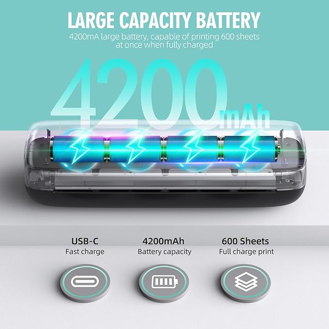Portable Wireless for Travel - 504 DPI High Resolution Inkless Thermal Printer, 4200mAh Battery, Bluetooth & USB Compatible (A4, A5, 2/3/4", Letter, Legal) - Mini Printer for Stickers & Labels