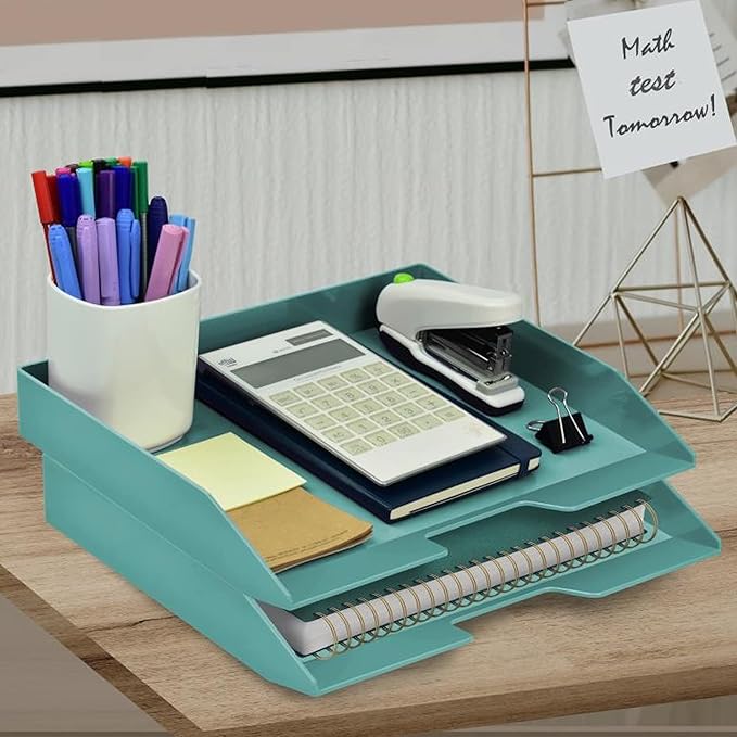 Acrimet Stackable Letter Tray 2 Tier Side Load, Plastic, Desktop File Organizer (Solid Green Color)