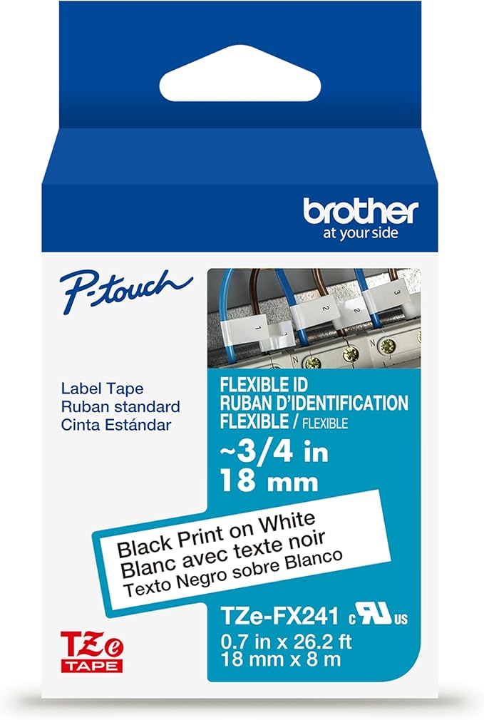Brother Genuine P-Touch TZe, Black Print on White, Flexible ID Laminated Label Tapes (TZeFX241), ~3/4in x 26.2ft (18mm x 8m) for Select P-Touch Label Makers, Durable, for Cable Wrap, Water-Resistant