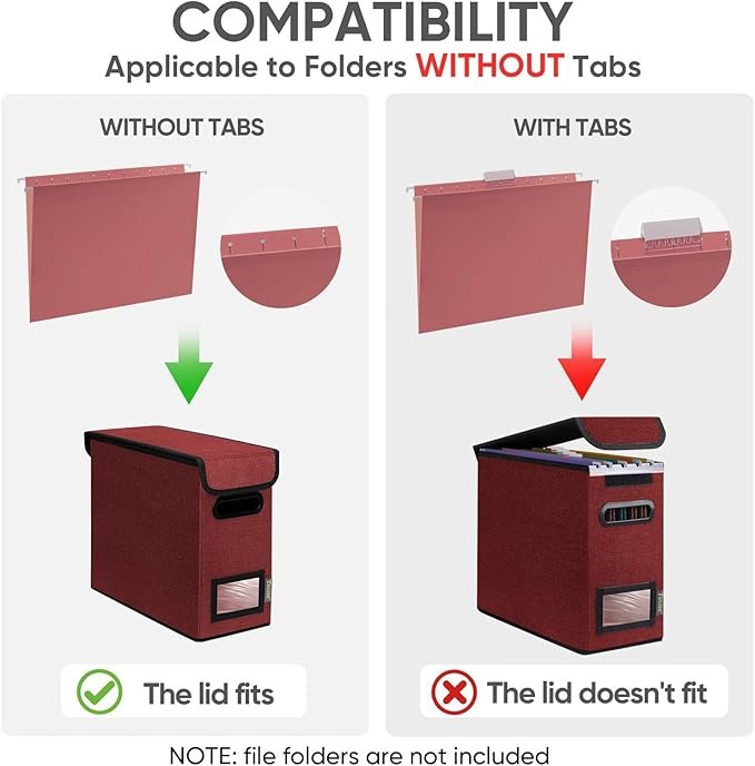 BALEINE File Organizer Box with Lid, Collapsible File Folder Organizer with Plastic Slide, Hanging File Folder Box for Office Document Storage (2 Pack, Red, S)