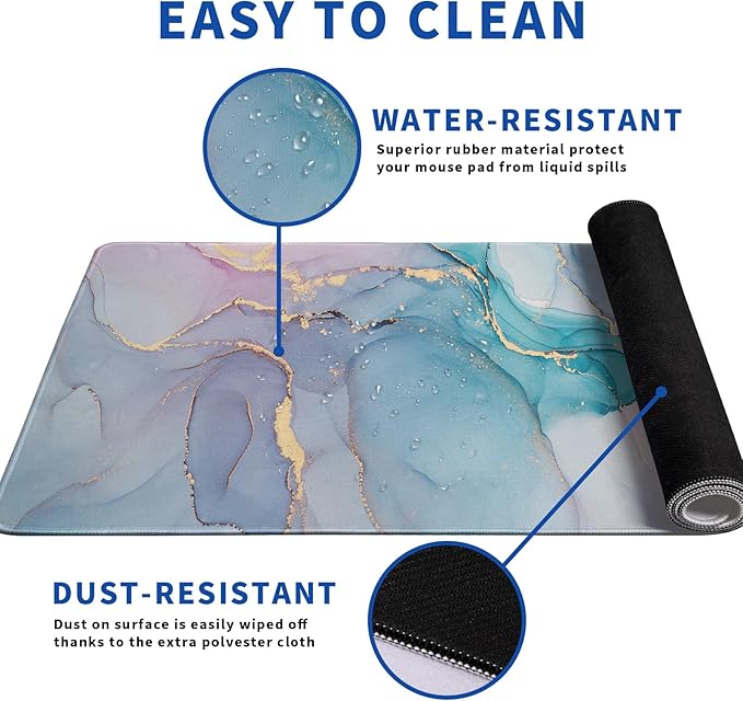 Teal Marble Mouse Pad Abstract Marble Mouse Pad 31.5x11.8 Inch Texture Non-Slip Rubber Base Large Mousepad Stitched Edges Keyboard Mouse Mat Desk Pad for Office and Home