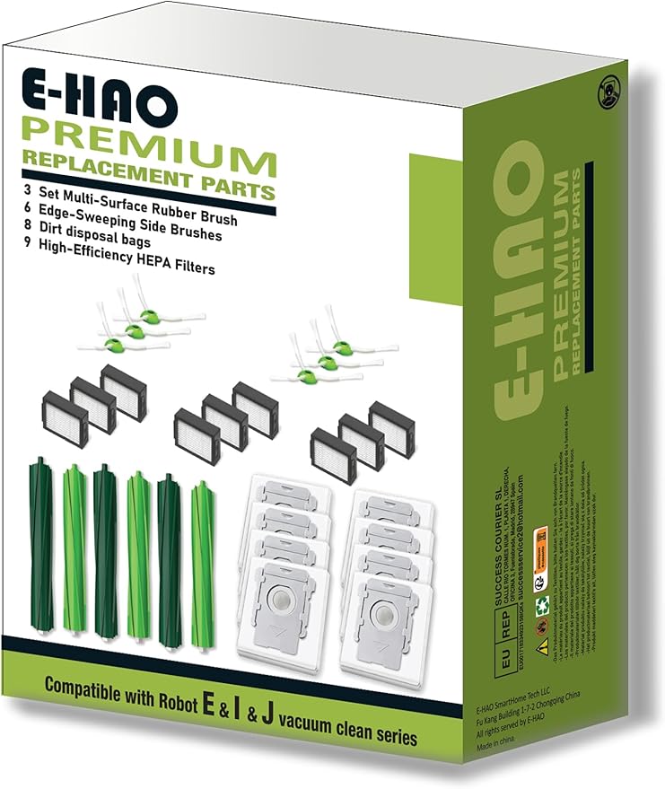 E-HAO Replacement Accessories Part for iRobot Roomba i1+, i2+, i3+, i4+, i5+, i6+, i7+, i8+, j5+, j6+, j7+, j8+, j9+, E5, E6, E7. Kit with 8 Dust Bags, 6 Rubber Rollers, 9 HEPA Filters, 6 Side Brushes