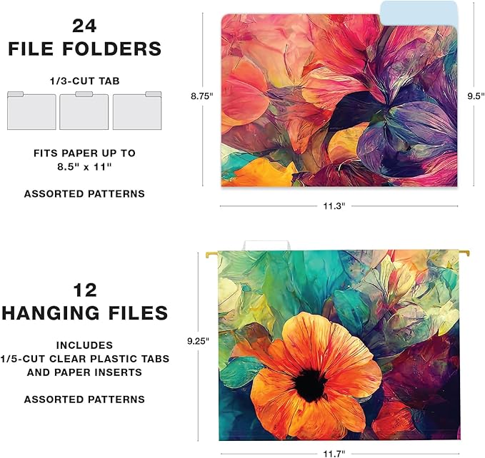 Global Printed Products Deluxe Designer Hanging File Folder Kit, Includes Metal Hanging Basket, 12 Hanging Folders, 24 File Folders, 1/3 Cut Tab, Assorted Positions, Letter Size (Abstract Floral)